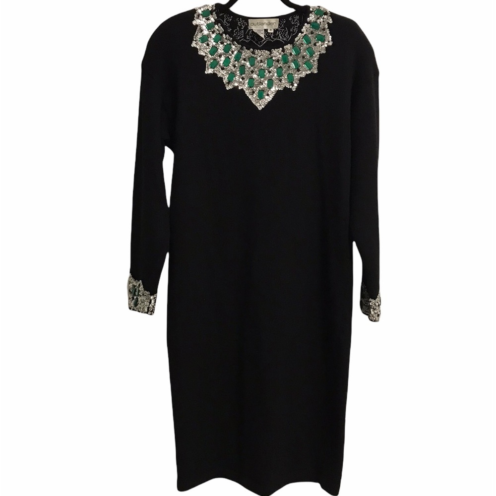 VINTAGE Bejeweled Black Wool Dress with Emerald Embellishments - Size Medium